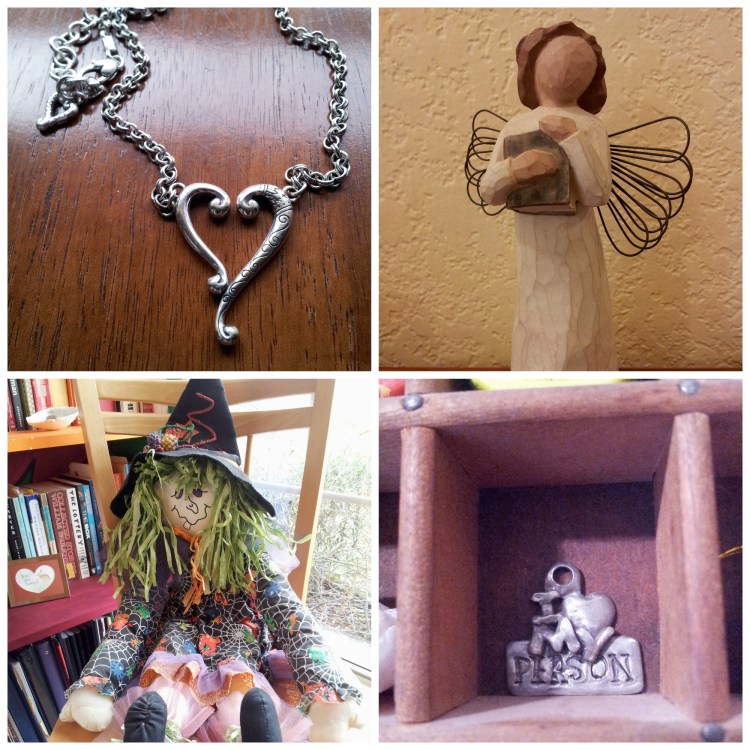 Bottom Left Corner: During my second year of teaching, a girl gave me this large witch doll for my birthday, which is on Halloween. I let her class name it. My last name was Kinder back then, and they christened the doll "Kinderella". Kinderella lived in my classroom for rest of my career and now resides in my home. She is currently looking at me.