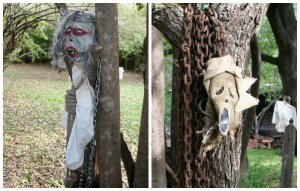 Got masks you aren't using this year? Decorate with them! Nail them to a tree or stick them on a dummy.