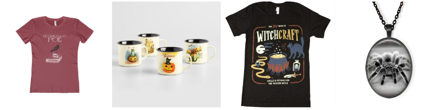 Halloween t-shirts, mugs, and necklaces